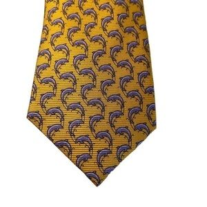 Shore & Singer 100% silk handmade dolphins tie, purple on yellow gold ocean
